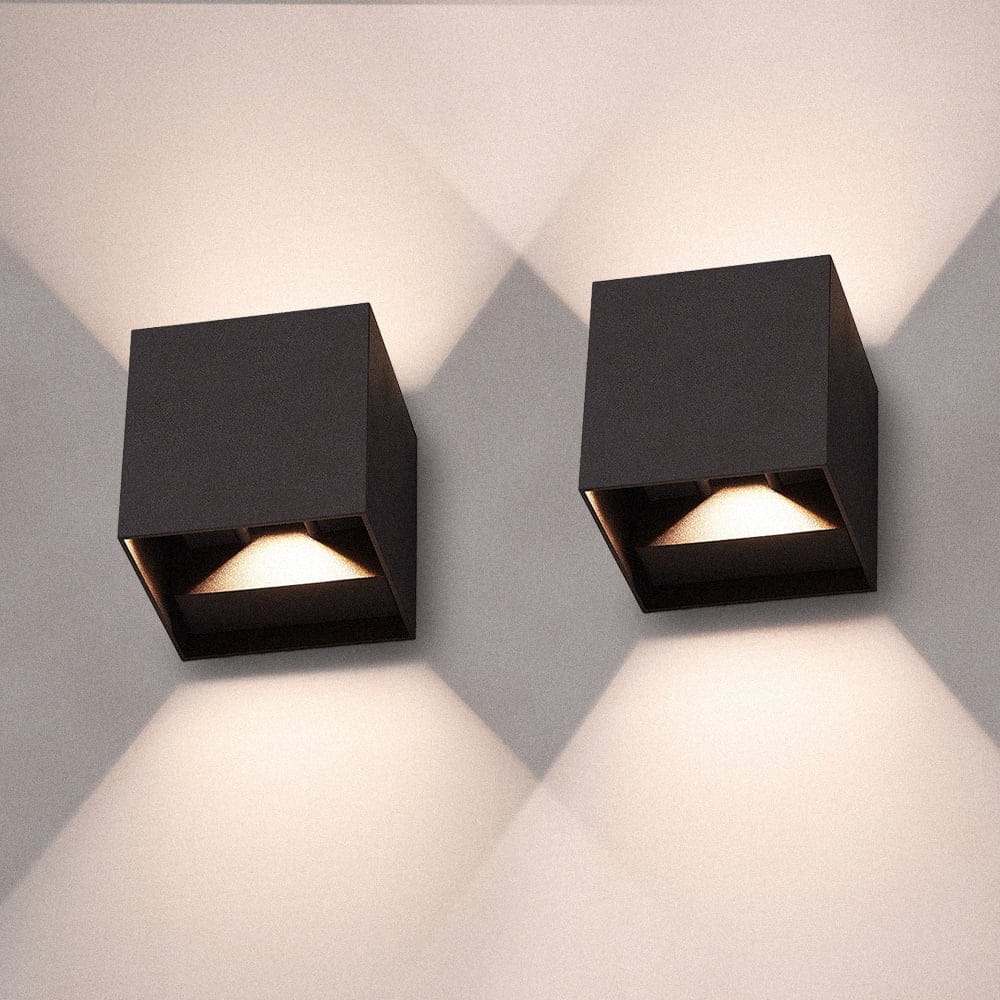 Set van 2 Kansas LED Wandlampen Kubus - 7 Watt 720lm - 3000K Warm Wit - IP65 Waterdicht - Up & Down Light - Modern - Zwart | HOFTRONIC