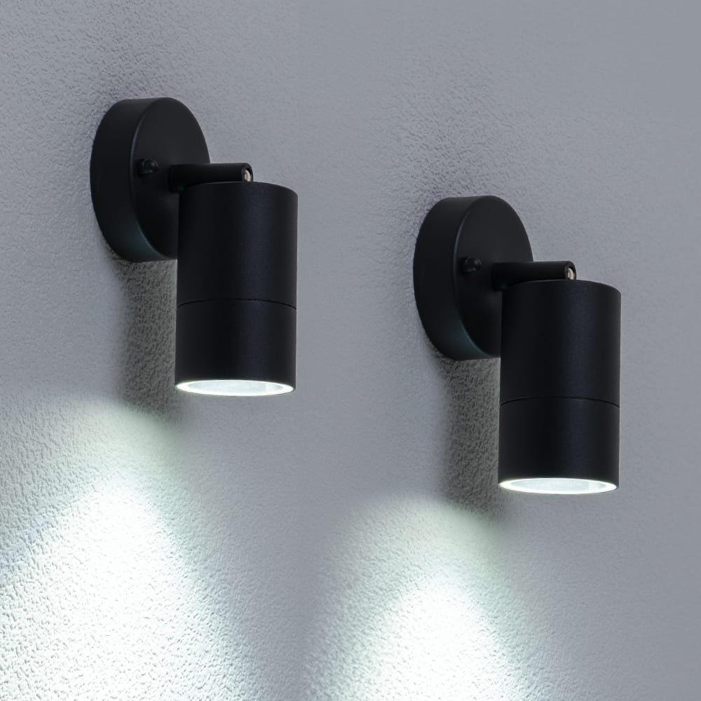 Set van 2 Lago - LED Wandlampen - 4 Watt 345 Lumen - 6500K Daglicht wit - GU10 - Dimbaar - IP44 waterdicht - Geschikt als wandspot en plafondspot - Voor binnen en buiten - Zwart | HOFTRONIC