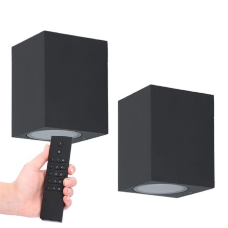 Set van 2 Marion LED wandlampen - Dimbaar - 4 Watt 345 lumen - IP65 Waterdicht - GU10 - 2700K Warm Wit - Dimbaar - Binnen & buiten - Zwart - Incl. dimmer met afstandsbediening | HOFTRONIC