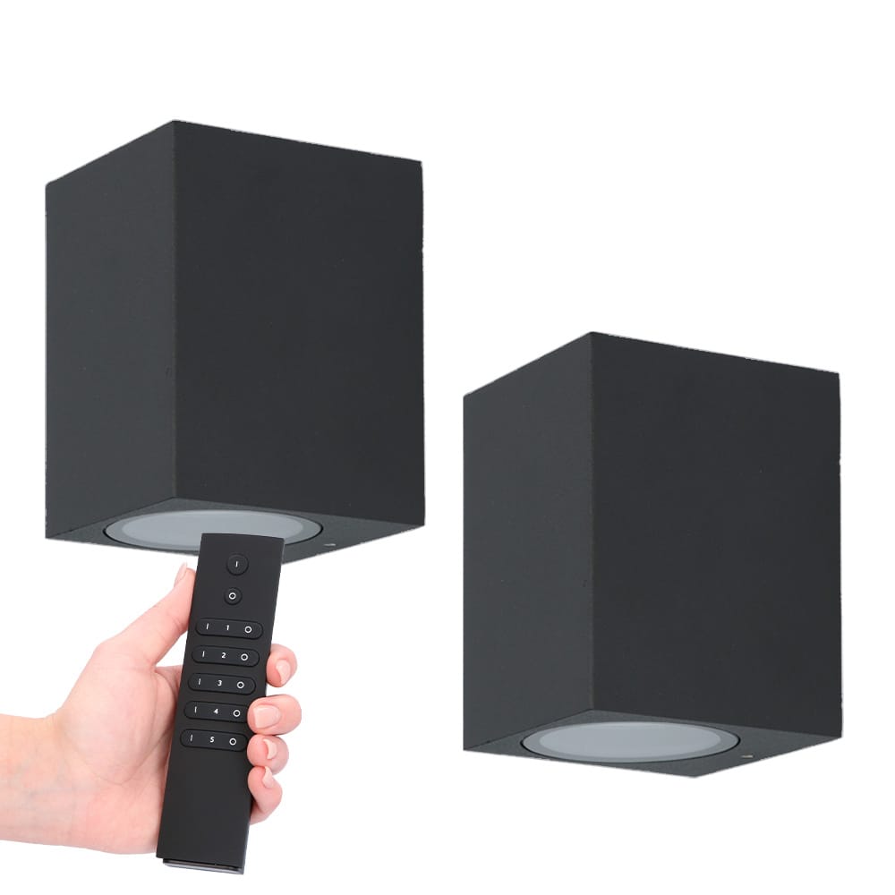 Set van 2 Marion LED wandlampen - Dimbaar - 4 Watt 345 lumen - IP65 Waterdicht - GU10 - 2700K Warm Wit - Dimbaar - Binnen & buiten - Zwart - Incl. dimmer met afstandsbediening | HOFTRONIC