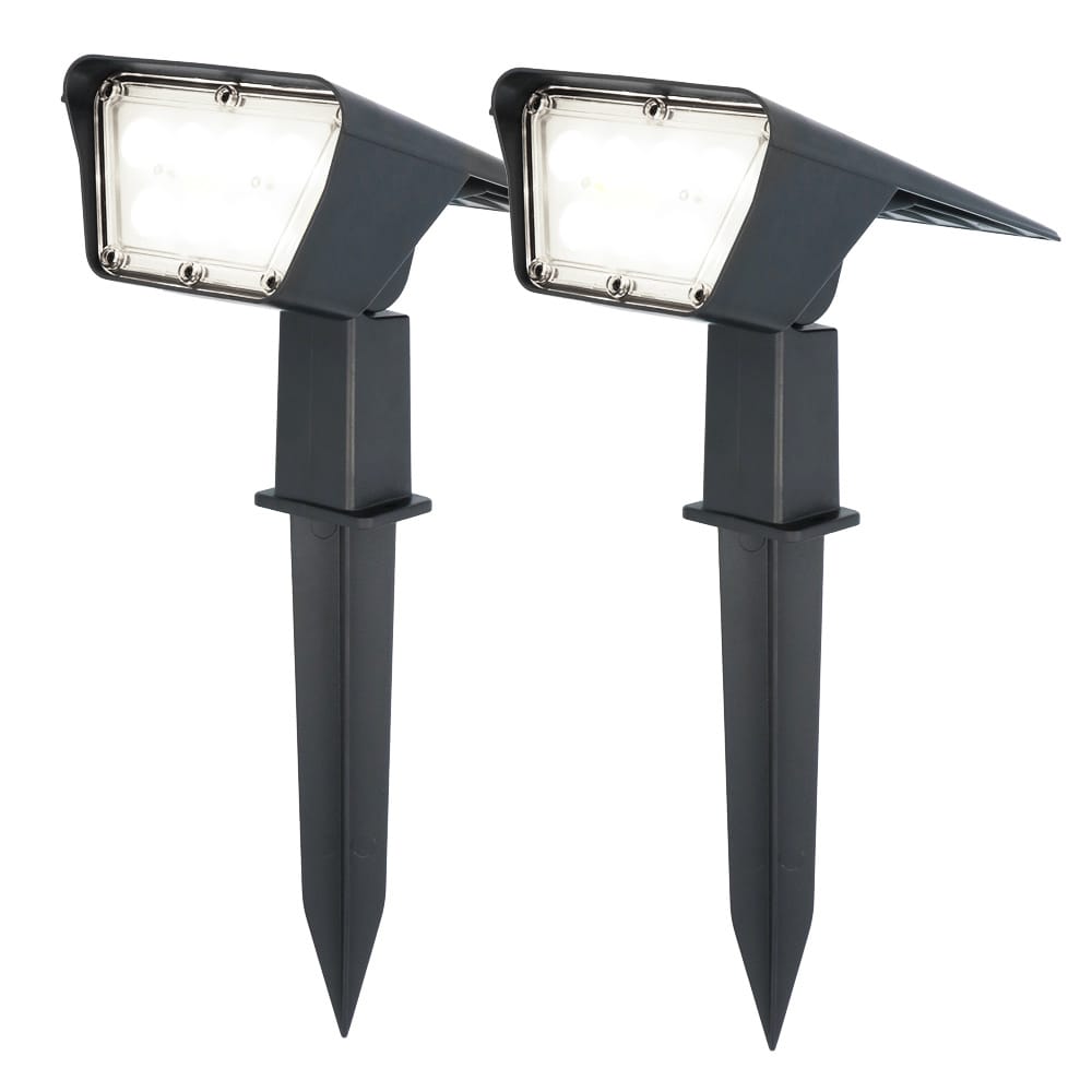 Set van 2 Odessa solar prikspots - Incl. Schemerschakelaar - 6000K daglicht wit - 2 lichtstanden - 300 lumen - 6-12 uur brandtijd - Kantelbaar - IP65 waterdicht | HOFTRONIC