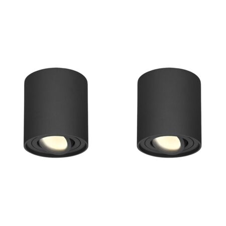 Set van 2 Ray LED opbouwspots - Rond - Dimbaar - 4 Watt 345 lumen - 2700K warm wit - Kantelbaar - GU10 - Plafondspot - IP20 Voor binnen - Zwart | HOFTRONIC