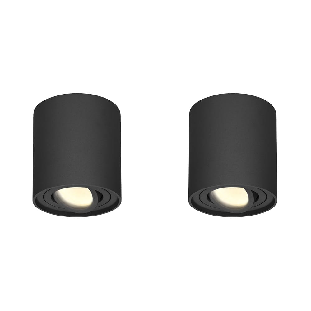 Set van 2 Ray LED opbouwspots - Rond - Dimbaar - 4 Watt 345 lumen - 2700K warm wit - Kantelbaar - GU10 - Plafondspot - IP20 Voor binnen - Zwart | HOFTRONIC