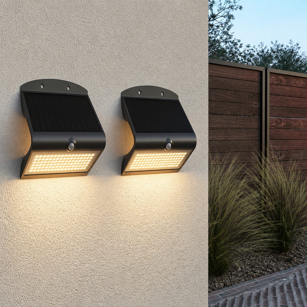 Set van 2 Rhodes Solar Wandlampen Up & Down - met Bewegingssensor - 8W - 3000K Warm wit - 2 lichtstanden - IP65 waterdicht - Wandlamp Schutting - Zwart | HOFTRONIC