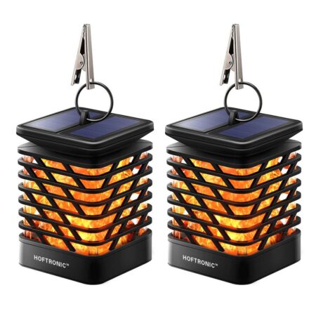 Set van 2 Solar Tuinlantaarn Amelia - Met sfeervol vlam effect - IP65 Waterdicht - Warm wit 3000K licht - Schemerschakelaar - Tafellamp - Hanglamp - Solar lantaarn - Zwart | HOFTRONIC