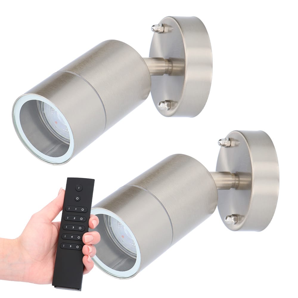 Set van 2 dimbare LED Wandlamp Lago - 2700K warm wit - RVS - IP44 waterdicht - GU10 fitting - Incl. dimmer met afstandsbediening | HOFTRONIC
