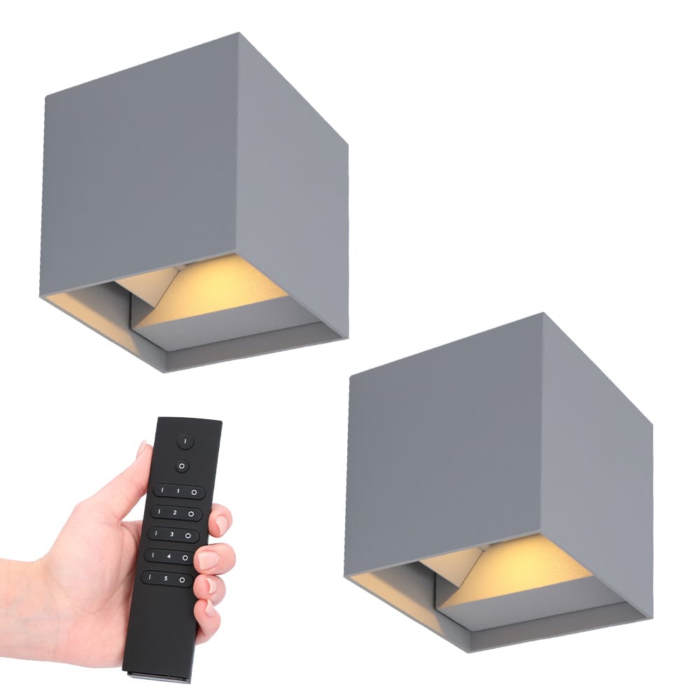 Set van 2 dimbare LED Wandlampen Kansas - grijs - 7 Watt 560 lumen - 3000K warm wit - Up & Down light - IP54 - Incl. dimmer met afstandsbediening | HOFTRONIC