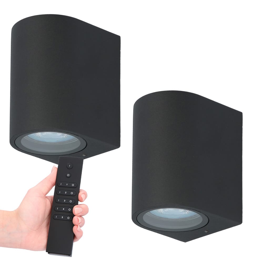 Set van 2 dimbare LED wandlamp Alvin - Zwart - 2700K warm wit- GU10 fitting - Downlight - IP65 Waterdicht - Incl. dimmer met afstandsbediening | HOFTRONIC