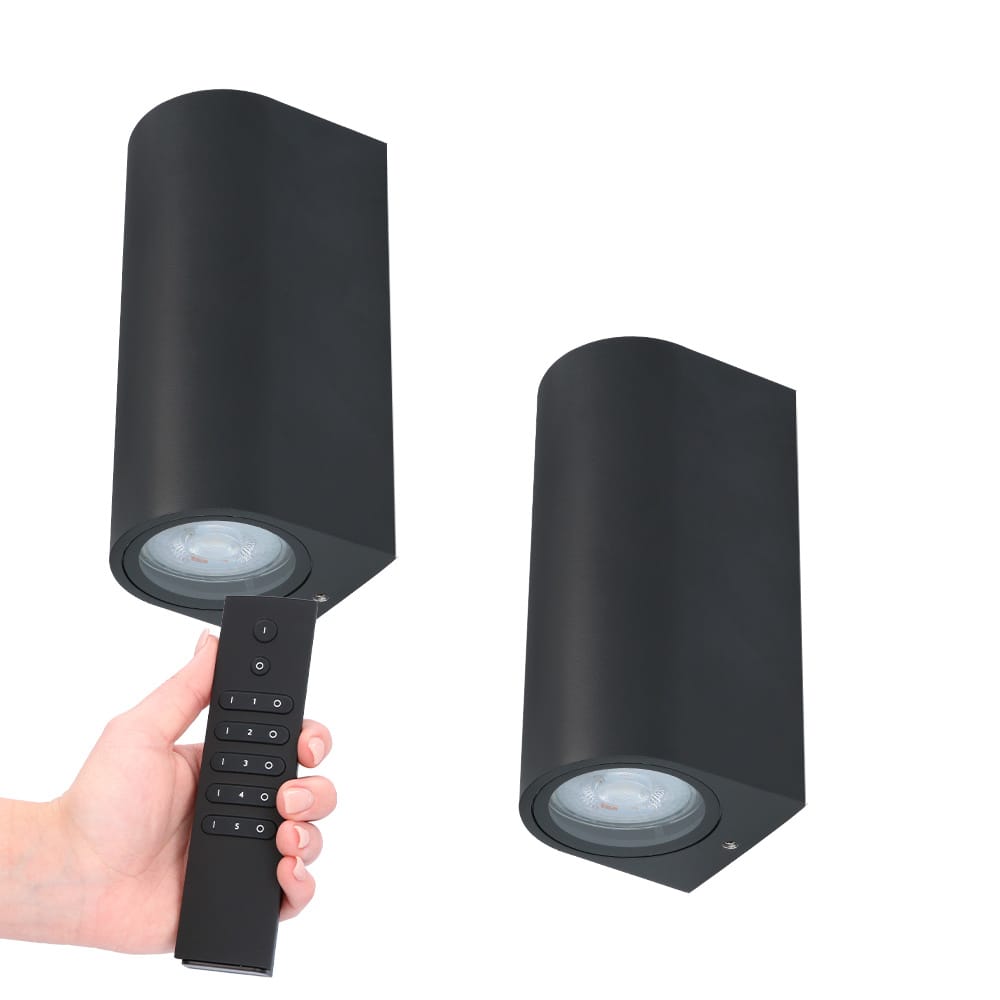 Set van 2 dimbare LED wandlamp Douglas - 2700K warm wit- GU10 - Up & Down light - IP65 Waterdicht - Incl. dimmer met afstandsbediening - tuinverlichting | HOFTRONIC