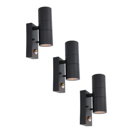 Set van 3 Blenda Wandlamp Zwart - 2700K Warm Wit - 8 watt 690 lumen - Bewegingssensor en Schemerschakelaar - IP44 Waterdicht - Up & Downlight voor buiten | HOFTRONIC