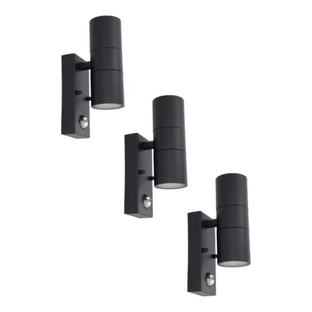 Set van 3 Blenda Wandlamp Zwart - 6500K daglicht Wit - 8 Watt 690 Lumen - Bewegingssensor en Schemerschakelaar - IP44 Waterdicht - Up & Downlight voor buiten | HOFTRONIC