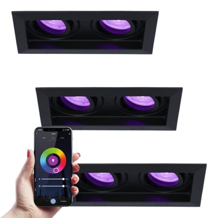 Set van 3 Durham Dubbel smart inbouwspots vierkant - Wifi + Bluetooth - RGBWW - GU10 11 Watt 670 Lumen - Kantelbaar - Google Home