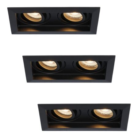 Set van 3 Durham LED Dubbele inbouwspots Rechthoek - 8 watt 690 lumen - 2700K Warm wit - GU10 - Dimbaar Kantelbaar - Voor binnen - Zwart | HOFTRONIC