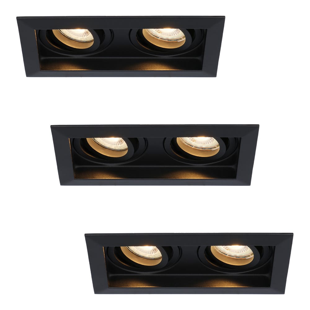 Set van 3 Durham LED Dubbele inbouwspots Rechthoek - 8 watt 690 lumen - 2700K Warm wit - GU10 - Dimbaar Kantelbaar - Voor binnen - Zwart | HOFTRONIC