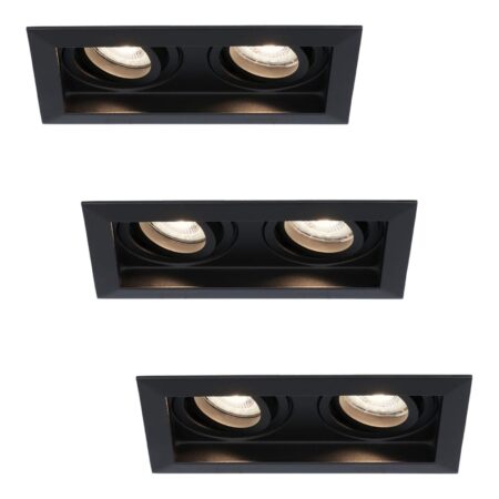 Set van 3 Durham LED Dubbele inbouwspots vierkant - 8 Watt 690 Lumen - 4000K neutraal wit - GU10 - Dimbaar Kantelbaar - Voor binnen - Zwart | HOFTRONIC