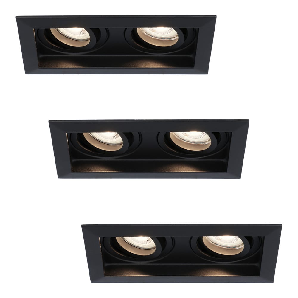 Set van 3 Durham LED Dubbele inbouwspots vierkant - 8 Watt 690 Lumen - 4000K neutraal wit - GU10 - Dimbaar Kantelbaar - Voor binnen - Zwart | HOFTRONIC