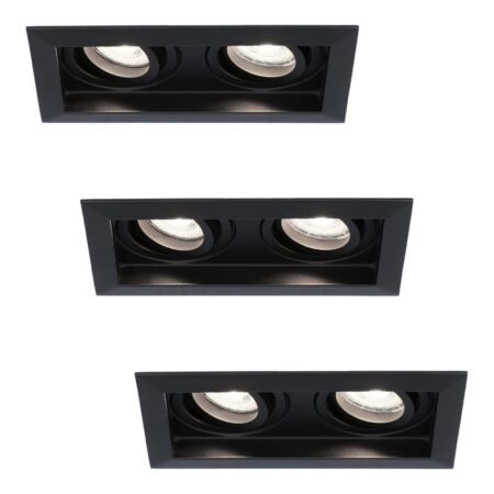 Set van 3 Durham LED Dubbele inbouwspots vierkant - 8 Watt 690 Lumen - 6500K daglicht wit - GU10 - Dimbaar Kantelbaar - Voor binnen - Zwart | HOFTRONIC
