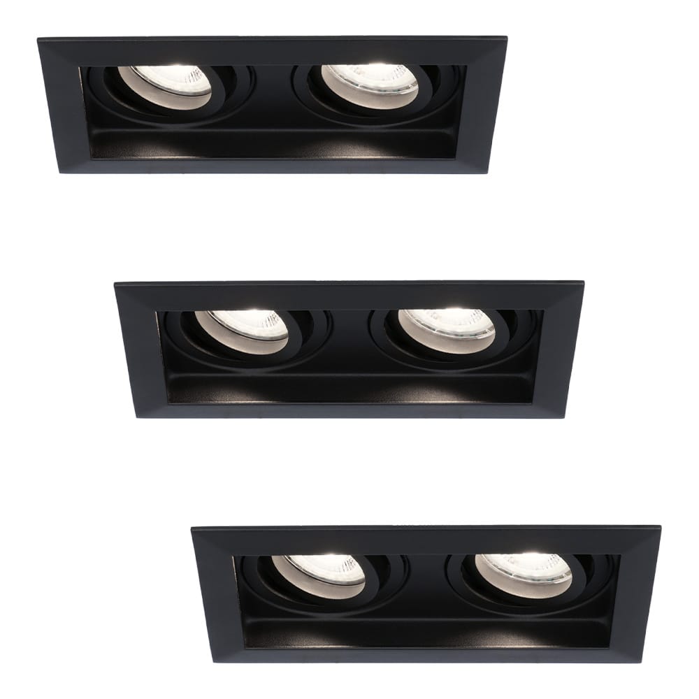 Set van 3 Durham LED Dubbele inbouwspots vierkant - 8 Watt 690 Lumen - 6500K daglicht wit - GU10 - Dimbaar Kantelbaar - Voor binnen - Zwart | HOFTRONIC