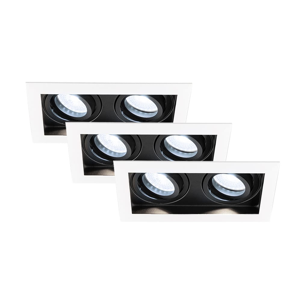 Set van 3 Durham - LED Inbouwspot - 8 Watt 690 Lumen - 6500K Daglicht wit - Dubbel - GU10 - Kantelbaar - IP20 voor binnen - Rechthoek - Wit/Zwart | HOFTRONIC