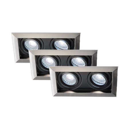 Set van 3 Durham - LED Inbouwspot - 8 Watt 690 Lumen - 6500K Daglicht wit - Dubbel - GU10 - Kantelbaar - Verzonken - IP20 voor binnen - Rechthoek - RVS | HOFTRONIC
