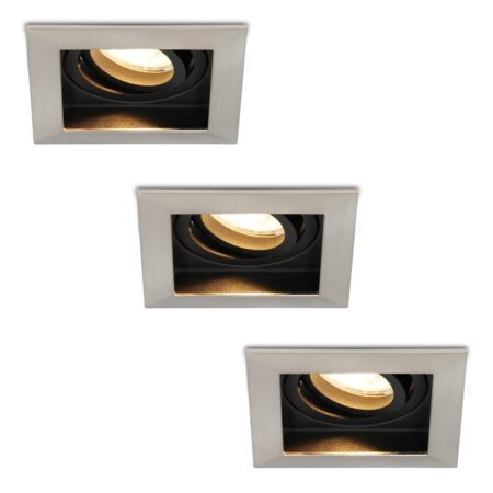 Set van 3 Durham LED inbouwspots vierkant - 4 Watt 345 lumen - 2700k warm wit - GU10 - Dimbaar Kantelbaar - Voor binnen - RVS | HOFTRONIC