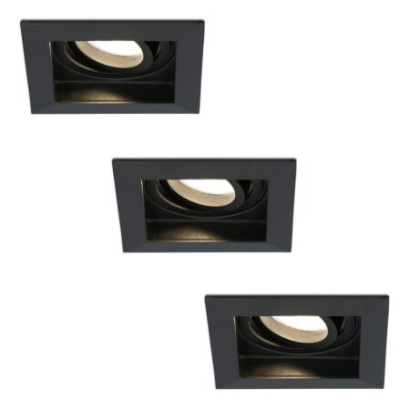 Set van 3 Durham vierkante LED inbouwspots - 4 Watt 345 lumen - 2700k warm wit - GU10 - Dimbaar Kantelbaar - Voor binnen - Zwart | HOFTRONIC