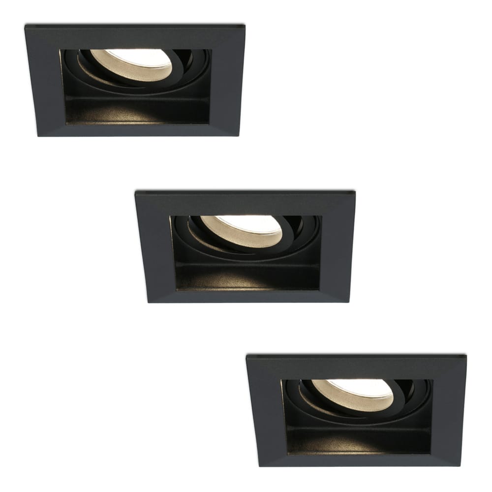 Set van 3 Durham vierkante LED inbouwspots - 4 Watt 345 lumen - 2700k warm wit - GU10 - Dimbaar Kantelbaar - Voor binnen - Zwart | HOFTRONIC
