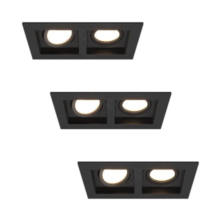 Set van 3 Fresno Dubbele Inbouwspot - Rechthoek - 2x GU10 - 4000K neutraal wit - 8 Watt 690 Lumen - Kantelbaar - IP20 stofdicht - Zwart | HOFTRONIC