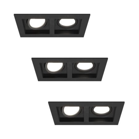 Set van 3 Fresno Dubbele Inbouwspot - Rechthoek - 2x GU10 - 6500K Daglicht wit - 8 Watt 690 Lumen - Kantelbaar - IP20 stofdicht - Zwart | HOFTRONIC