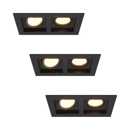 Set van 3 Fresno Dubbele Inbouwspots - Rechthoek - 2x GU10 - 2700K Warm wit - 8 watt 690 lumen - Kantelbaar - IP20 stofdicht - Zwart | HOFTRONIC