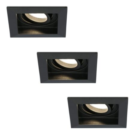 Set van 3 Fresno LED inbouwspots vierkant - GU10 - 4 Watt 345 lumen - 2700K Warm Wit - Dimbaar - Kantelbaar - Verzonken - IP20 voor binnen - Zwart | HOFTRONIC
