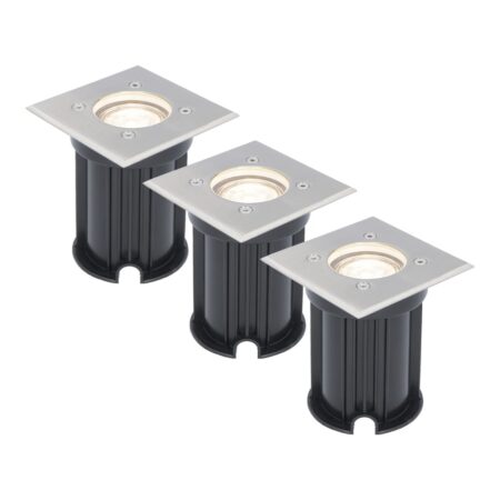 Set van 3 LED Grondspots vierkant buiten - Dimbaar - GU10 - 4000K neutraal wit - 4 Watt 345 Lumen - Oprit - Tuinspot - RVS - IP64 Waterdicht | HOFTRONIC