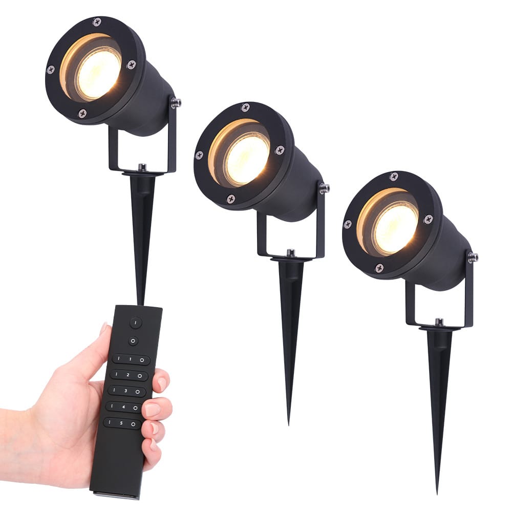 Set van 3 LED Prikspot zwart Sydney - aluminium - 4 Watt 345 lumen - 2700K warm wit - IP65 Waterdicht - Incl. dimmer met afstandsbediening | HOFTRONIC