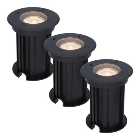 Set van 3 Maisy LED Grondspots Rond - Dimbaar - GU10 - 2700K warm wit - 4 Watt 345 lumen - Rond - Ø12cm - Tuinspot - Oprit - Zwart - IP67 waterdicht | HOFTRONIC