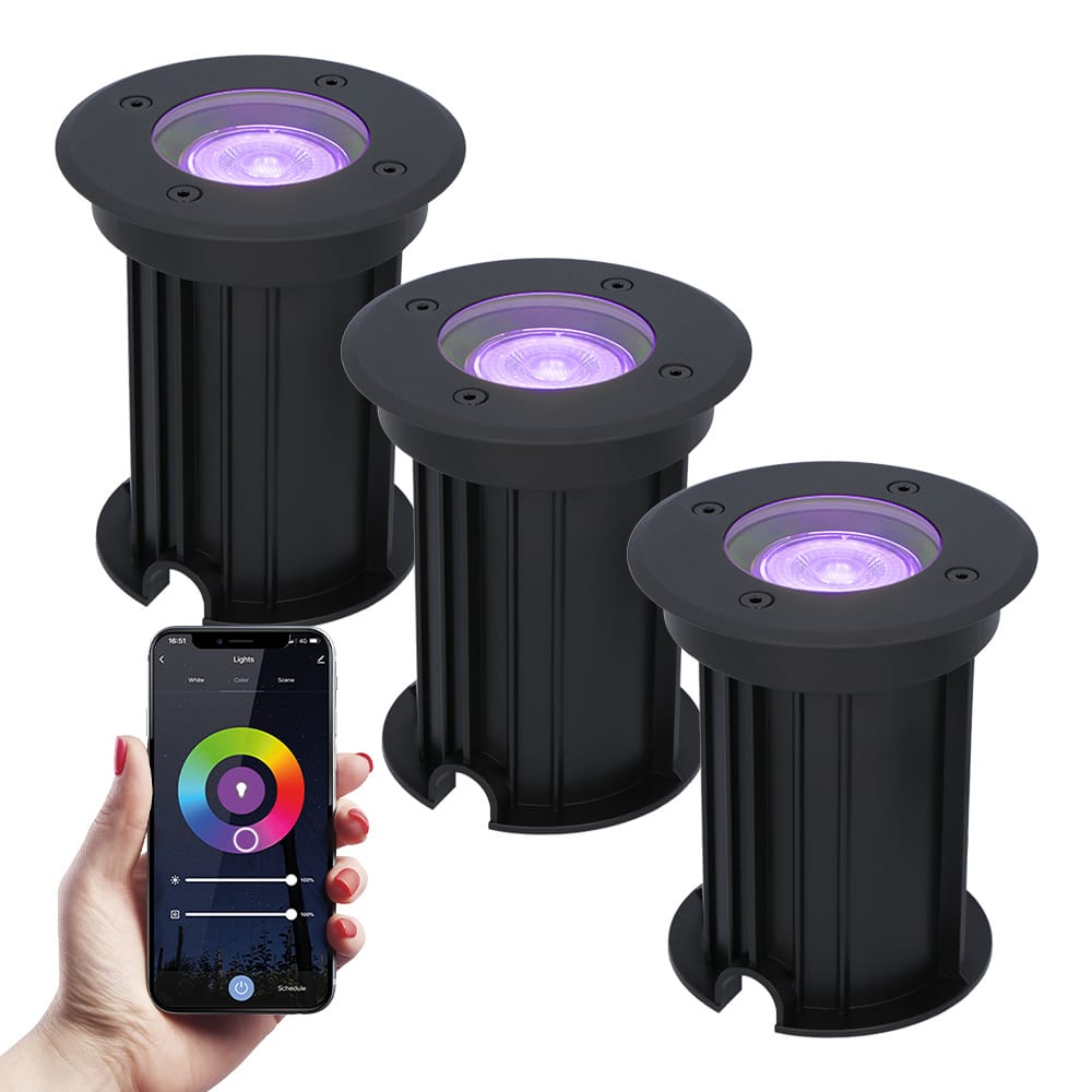 Set van 3 Maisy Smart Grondspots Rond - Ø12cm - 5.5 Watt 345 lumen - RGBWW - Wifi + Bluetooth - Bestuurbaar via app - IP67 waterdicht - Google Home - Amazon Alexa - Zwart | HOFTRONIC SMART