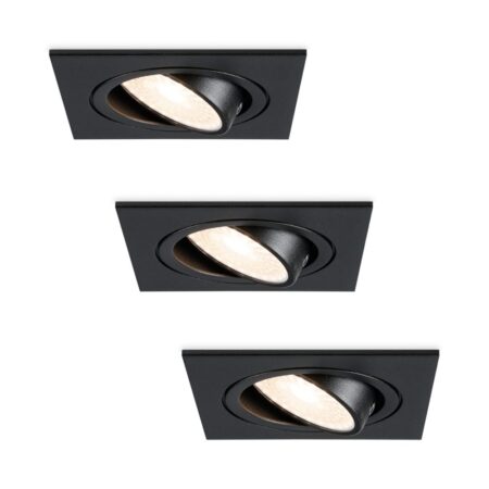 Set van 3 Mallorca LED inbouwspot - IP20 - Kantelbaar - 4 Watt 345 Lumen - 4000K Neutraal wit - GU10 - Dimbaar - Vierkant - Voor binnen - Zwart | HOFTRONIC