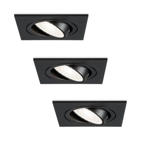 Set van 3 Mallorca LED inbouwspot - IP20 - Kantelbaar - 4 Watt 345 Lumen - 6500K Daglicht wit - GU10 - Dimbaar - Vierkant - Voor binnen - Zwart | HOFTRONIC