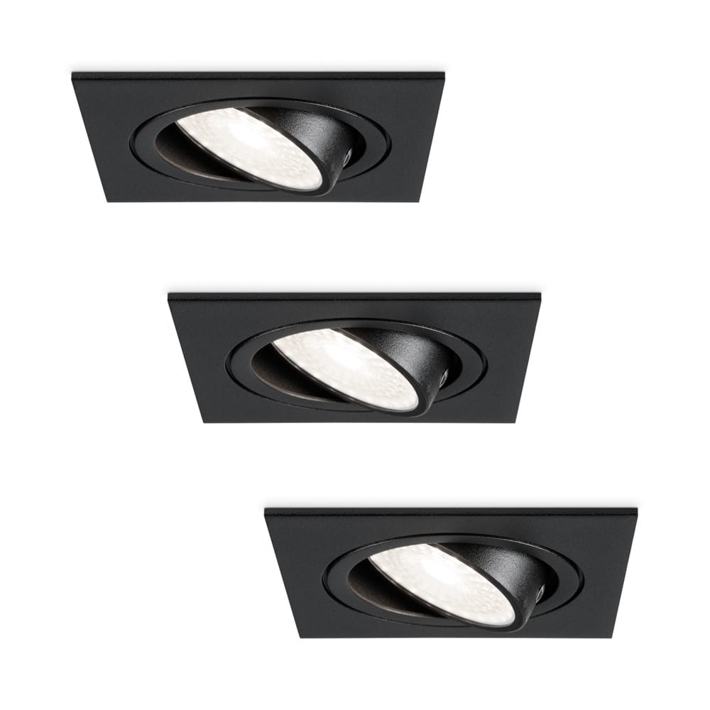 Set van 3 Mallorca LED inbouwspot - IP20 - Kantelbaar - 4 Watt 345 Lumen - 6500K Daglicht wit - GU10 - Dimbaar - Vierkant - Voor binnen - Zwart | HOFTRONIC
