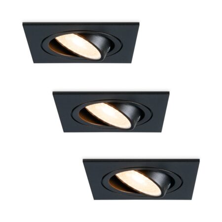 Set van 3 Mallorca LED inbouwspot - IP20 - Kantelbaar - 4 Watt 345 lumen - 2700K warm wit - GU10 - Dimbaar - Vierkant - Voor binnen - Zwart | HOFTRONIC