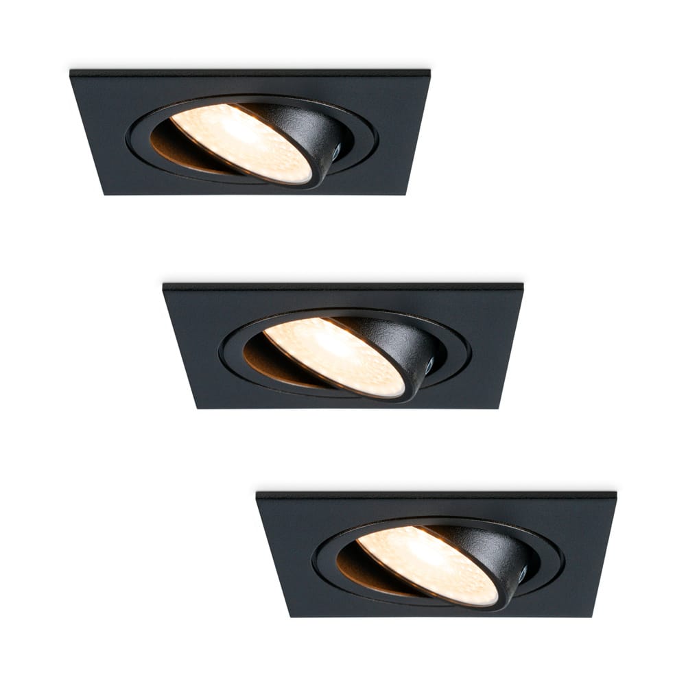Set van 3 Mallorca LED inbouwspot - IP20 - Kantelbaar - 4 Watt 345 lumen - 2700K warm wit - GU10 - Dimbaar - Vierkant - Voor binnen - Zwart | HOFTRONIC