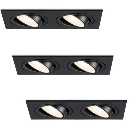Set van 3 Mallorca LED inbouwspot - IP20 - Kantelbaar - 8 Watt 690 Lumen - 4000K Neutraal wit - Dubbel - GU10 - Dimbaar - Rechthoek - Voor binnen - Zwart | HOFTRONIC
