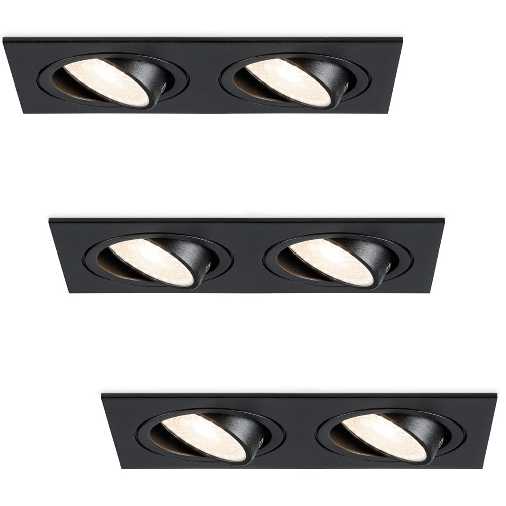 Set van 3 Mallorca LED inbouwspot - IP20 - Kantelbaar - 8 Watt 690 Lumen - 4000K Neutraal wit - Dubbel - GU10 - Dimbaar - Rechthoek - Voor binnen - Zwart | HOFTRONIC