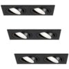 Set van 3 Mallorca LED inbouwspot - IP20 - Kantelbaar - 8 Watt 690 Lumen - 6500K Daglicht wit - Dubbel - GU10 - Dimbaar - Rechthoek - Voor binnen - Zwart | HOFTRONIC