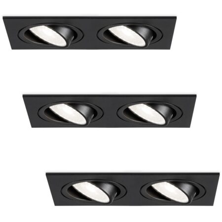 Set van 3 Mallorca LED inbouwspot - IP20 - Kantelbaar - 8 Watt 690 Lumen - 6500K Daglicht wit - Dubbel - GU10 - Dimbaar - Rechthoek - Voor binnen - Zwart | HOFTRONIC