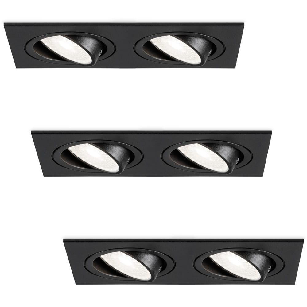 Set van 3 Mallorca LED inbouwspot - IP20 - Kantelbaar - 8 Watt 690 Lumen - 6500K Daglicht wit - Dubbel - GU10 - Dimbaar - Rechthoek - Voor binnen - Zwart | HOFTRONIC