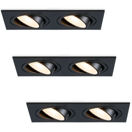 Set van 3 Mallorca LED inbouwspot - IP20 - Kantelbaar - 8 watt 690 lumen - 2700K Warm wit - Dubbel - GU10 - Dimbaar - Rechthoek - Voor binnen - Zwart | HOFTRONIC