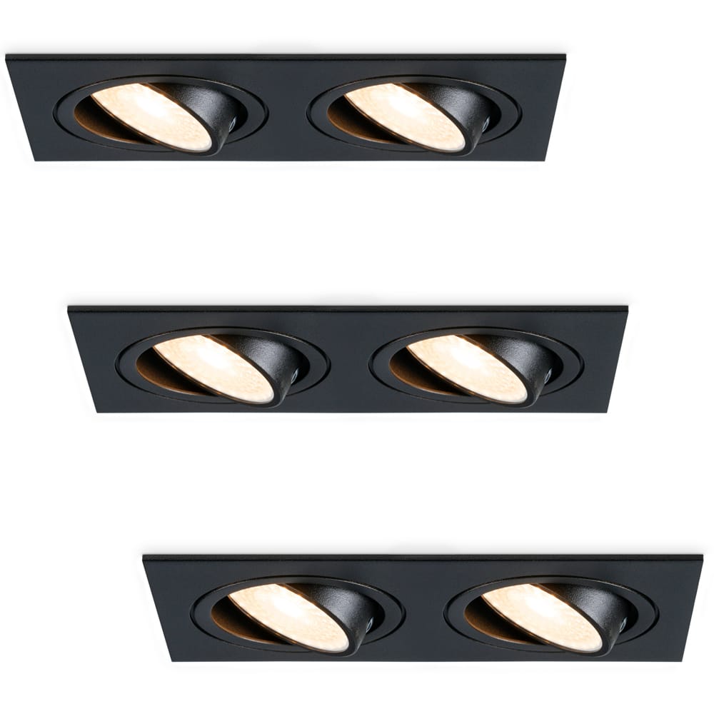 Set van 3 Mallorca LED inbouwspot - IP20 - Kantelbaar - 8 watt 690 lumen - 2700K Warm wit - Dubbel - GU10 - Dimbaar - Rechthoek - Voor binnen - Zwart | HOFTRONIC