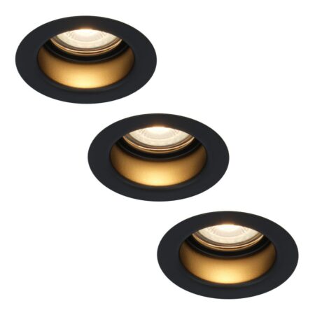 Set van 3 Mari - LED platte inbouwspots met lage inbouwdiepte - 6 Watt 570 Lumen - 2700K Warm wit - GU10 LED Module - Verzonken - Dimbaar - Rond - IP65 waterdicht - Zwart | HOFTRONIC