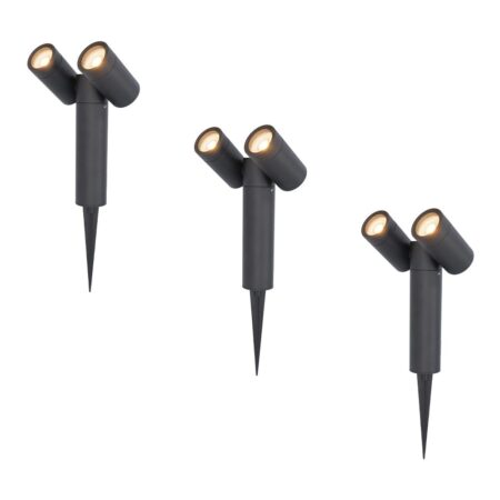 Set van 3 Pinero Dubbel LED prikspots - GU10 8 watt 345 lumen - Dimbaar - Kantelbaar - 2700K warm wit - IP65 Waterdicht - Zwart | HOFTRONIC