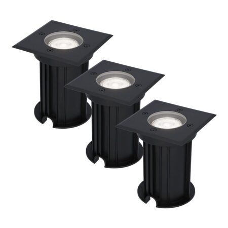 Set van 3 Ramsay LED Grondspots Vierkant - Dimbaar - GU10 - 6500K daglicht wit - 4 Watt 345 Lumen - Tuinspot - Zwart - IP67 waterdicht - Overrijdbaar voor de Oprit